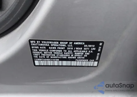 2013 Volkswagen Passat 2.5L Se z USA, uszkodzony, nr VIN 1VWBP7A34DC110198